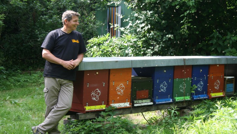 Ein Imker steht neben bunten Bienenst&ouml;cken in einem gr&uuml;nen Garten.